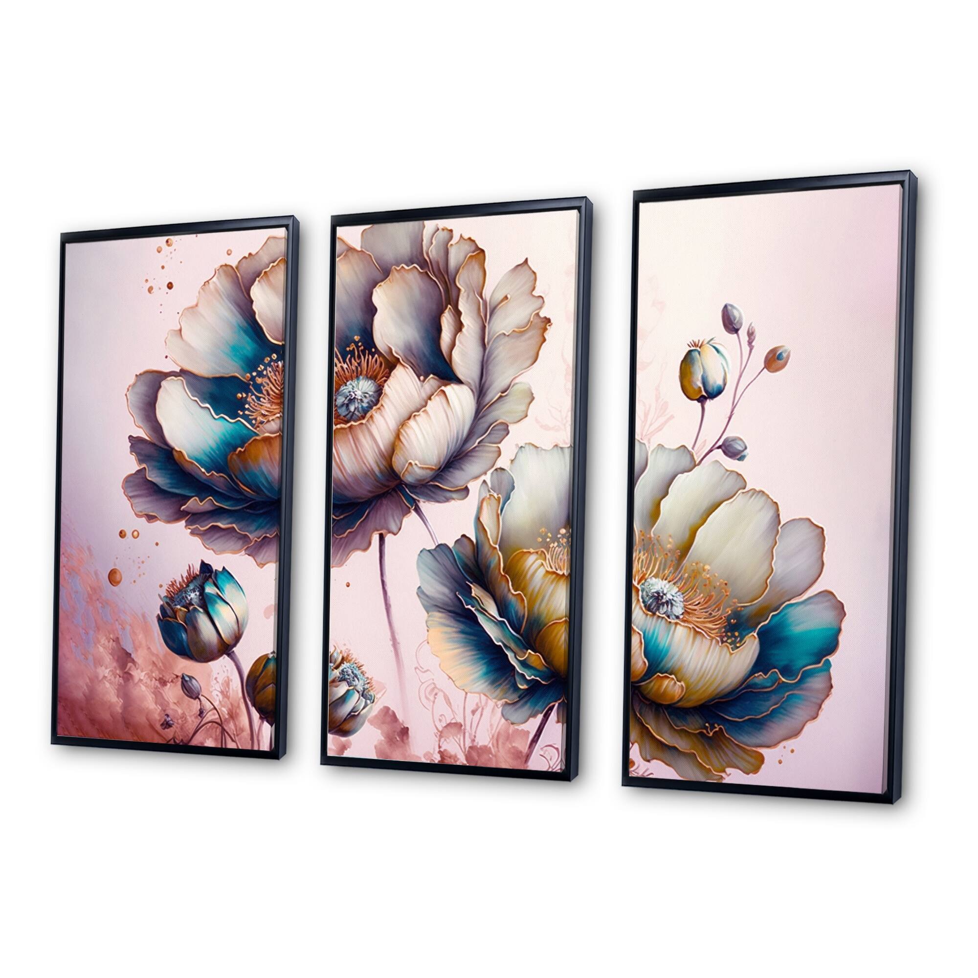 Designart "Vibrant Green Poppy Flowers I" Floral Poppy Framed Canvas Art Print 3 Panels Bed